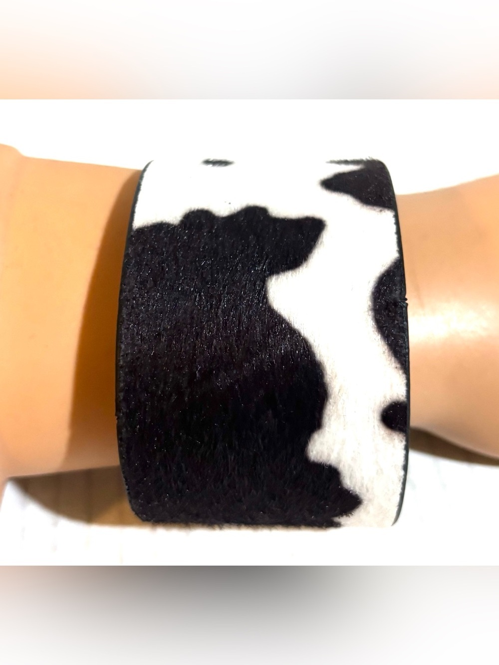 Cowhide Print Wide Cuff Bracelet - Black & White